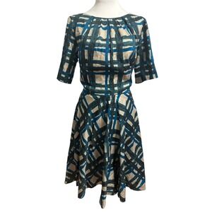 Boden Amy sz 10 plaid retro feel dress blue green fit flare preppy madmen  fall‎